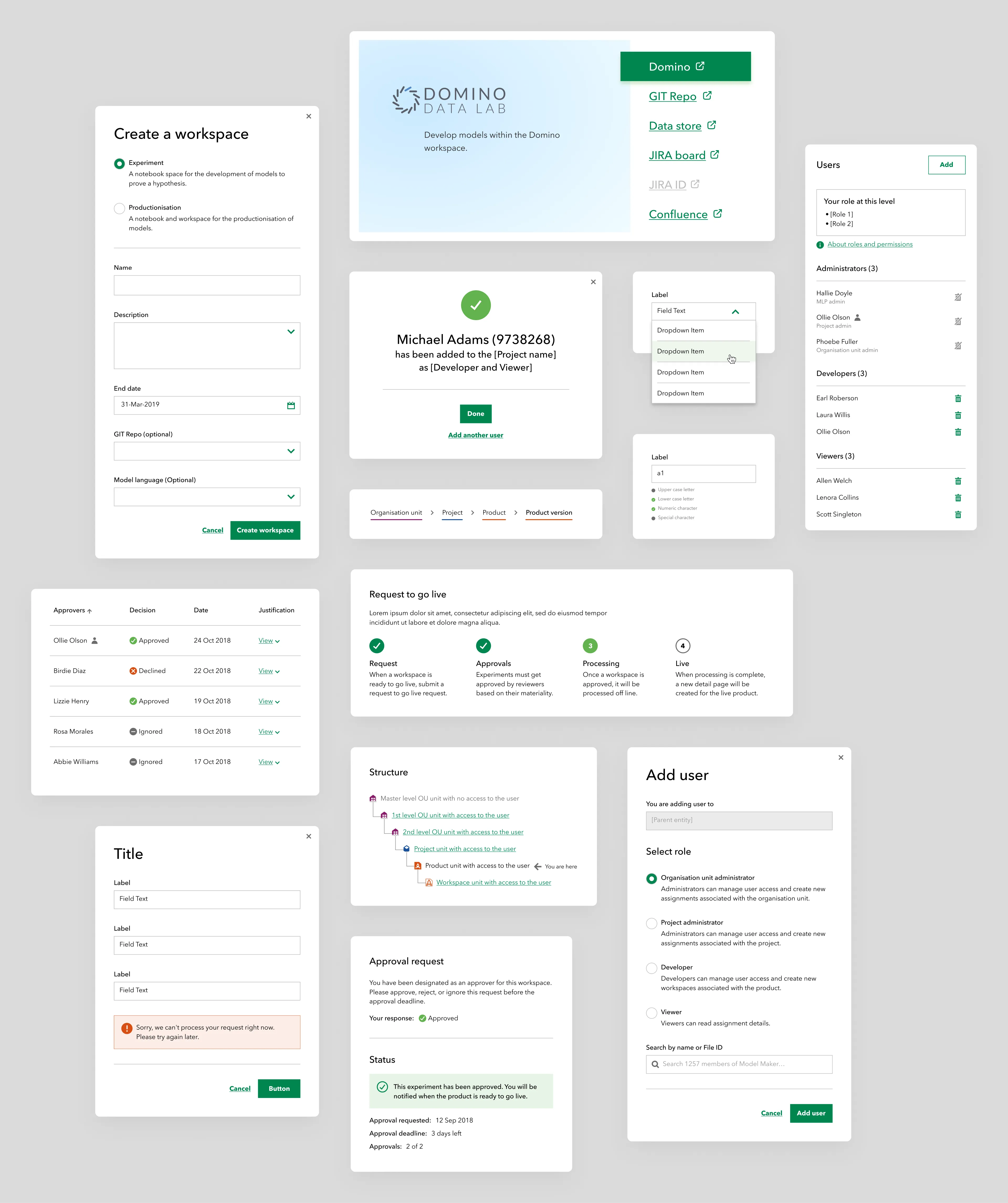 Data science portal user interface highlighting key features for managing and sharing experiments.