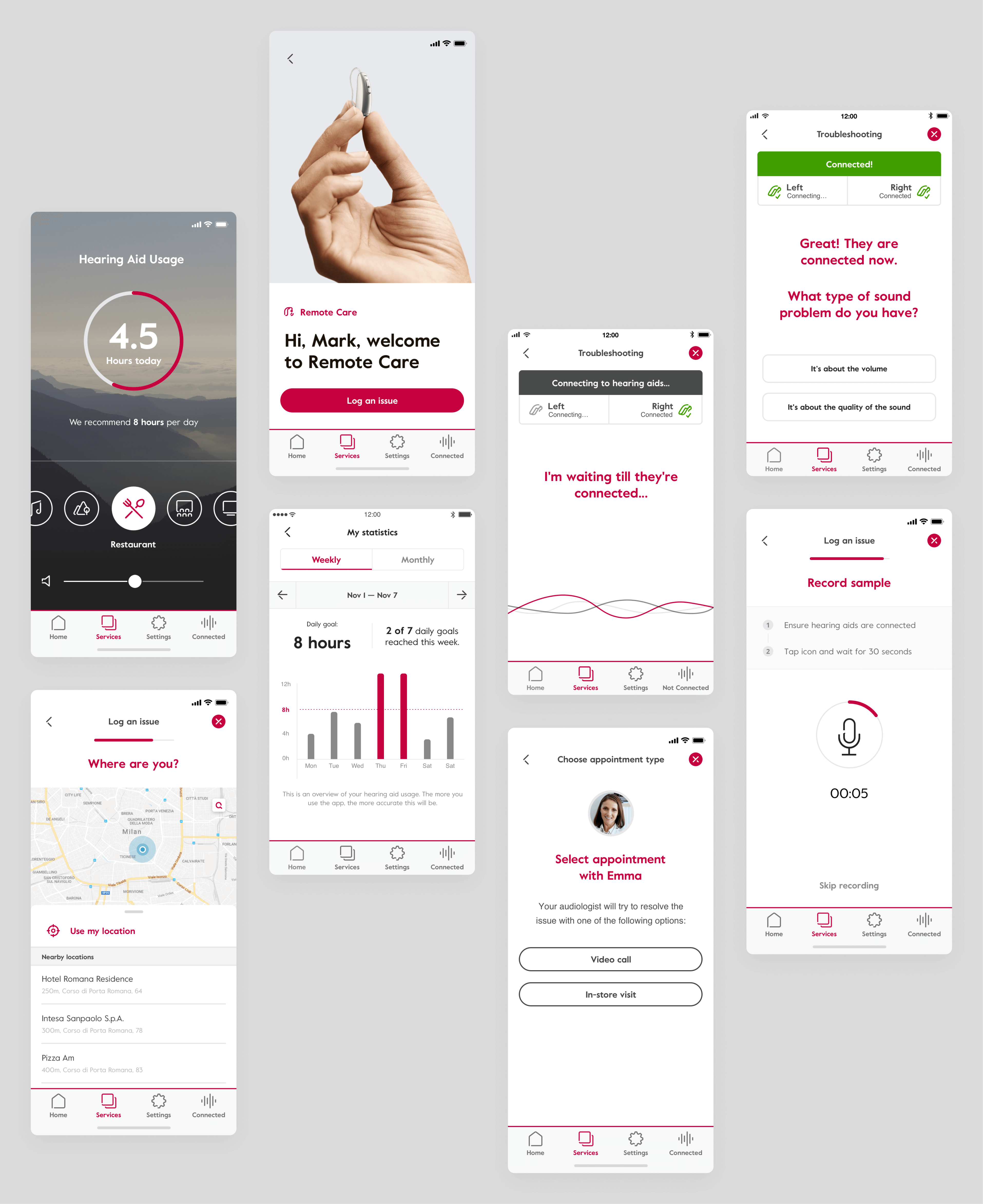 The user interface of the Amplifon mobile app, featuring tools for tracking hearing aid usage, diagnosing issues, and contacting audiologists.