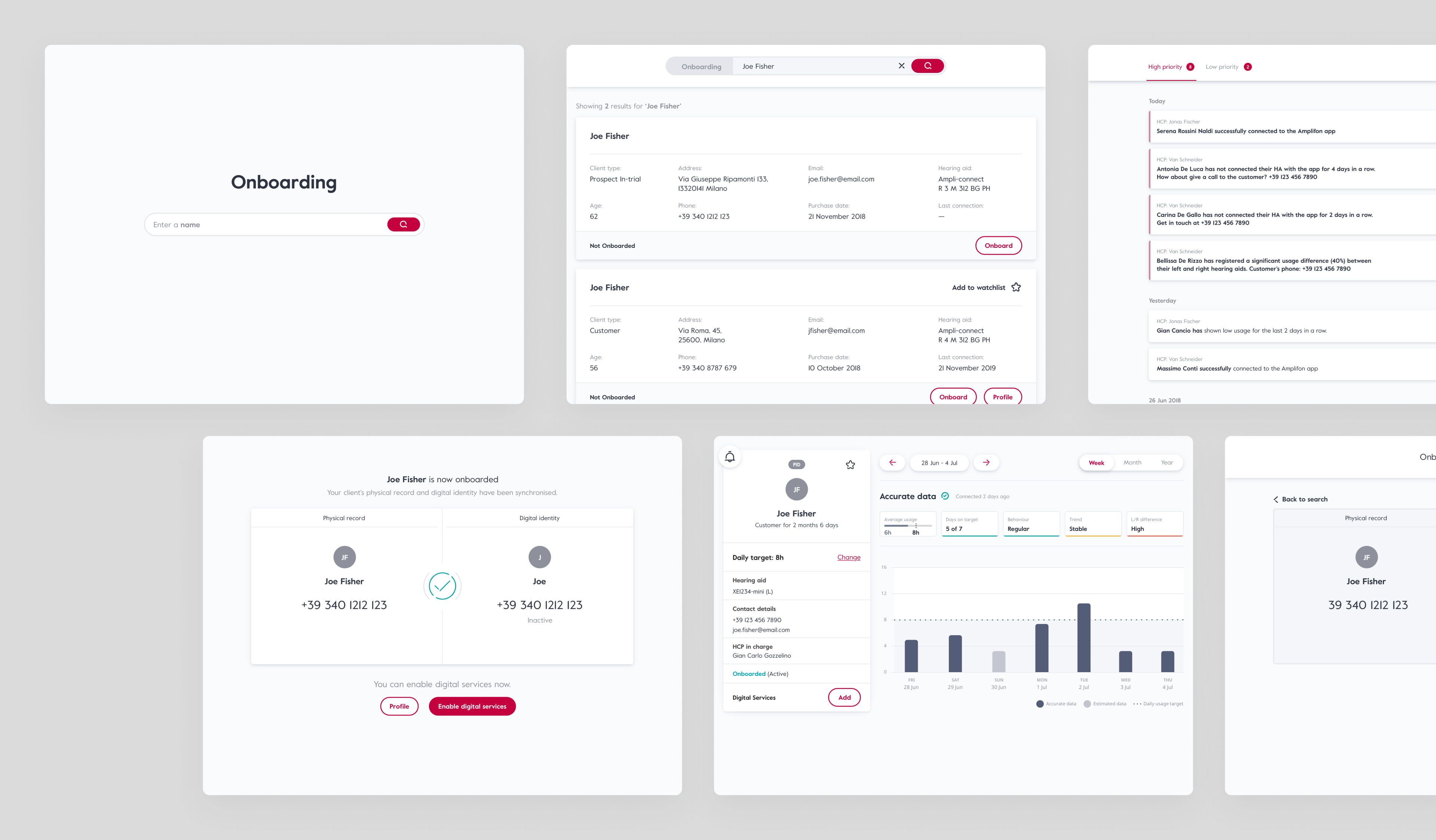 Real-time dashboard for audiologists displaying patient hearing device data, alerts, and consultation scheduling options.