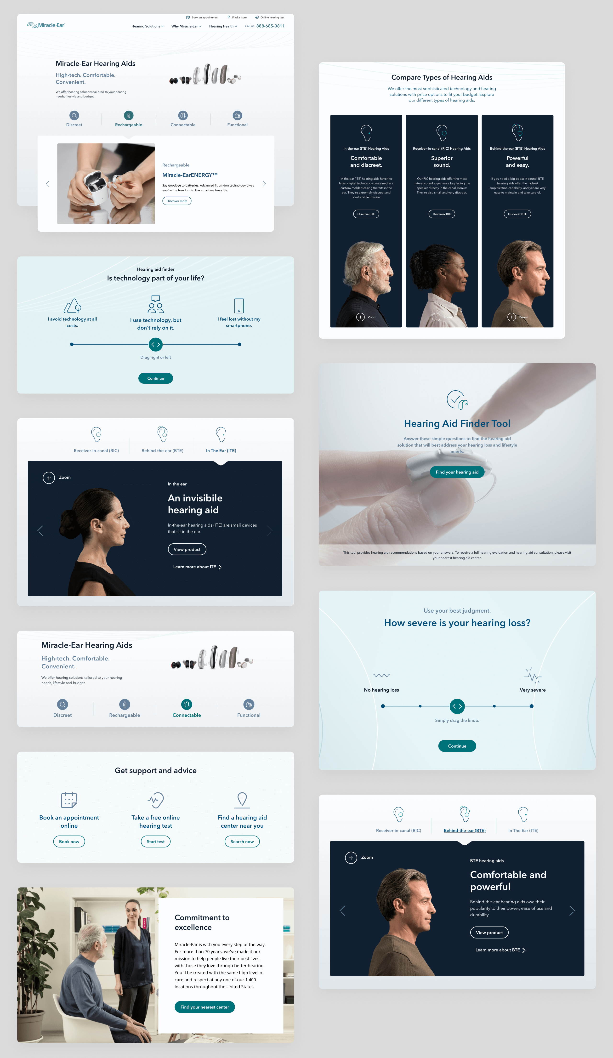 User interface components of the Miracle-Ear website, illustrating the design system.