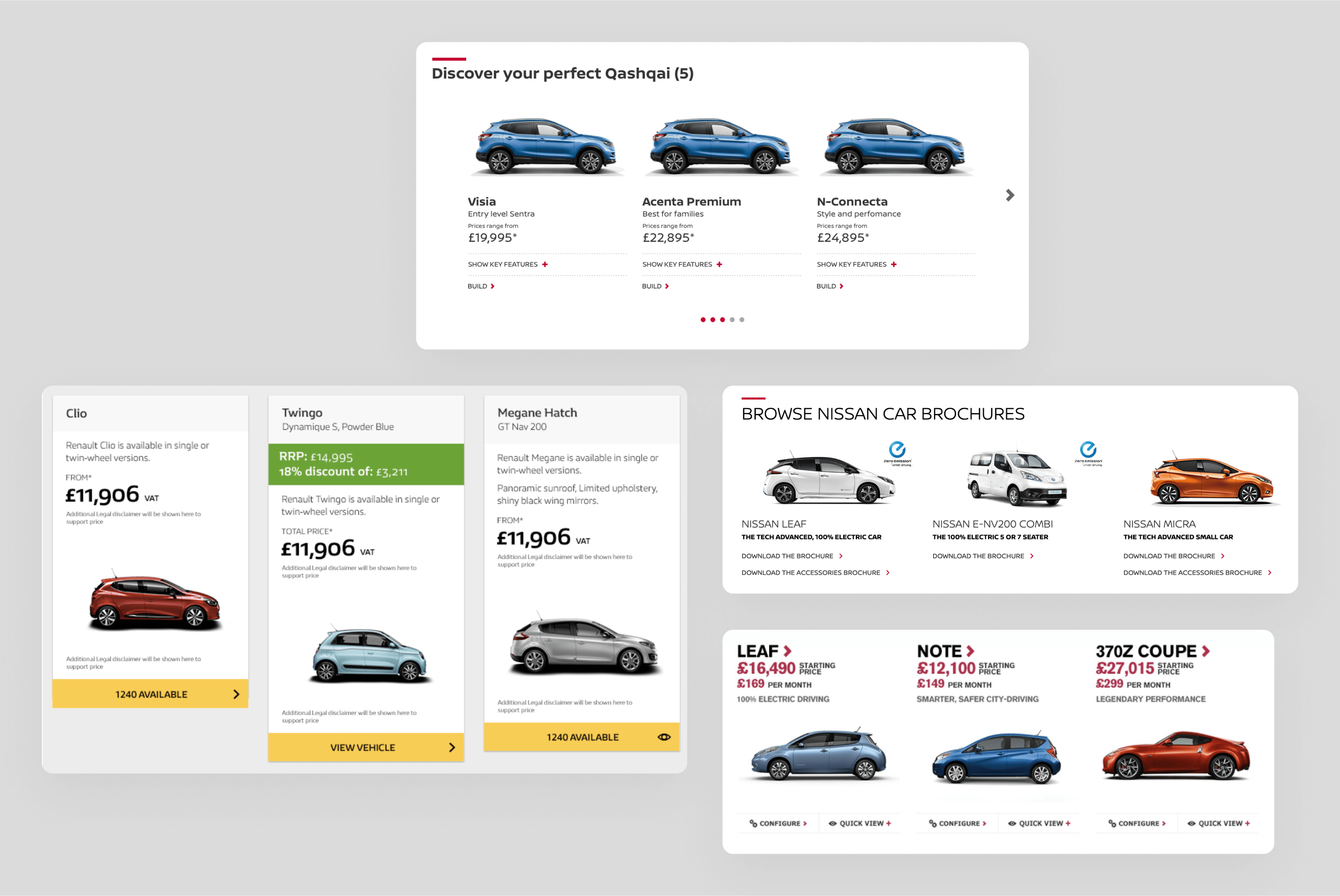 Fragmented product card components found across the site, highlighting inconsistencies in design and functionality.